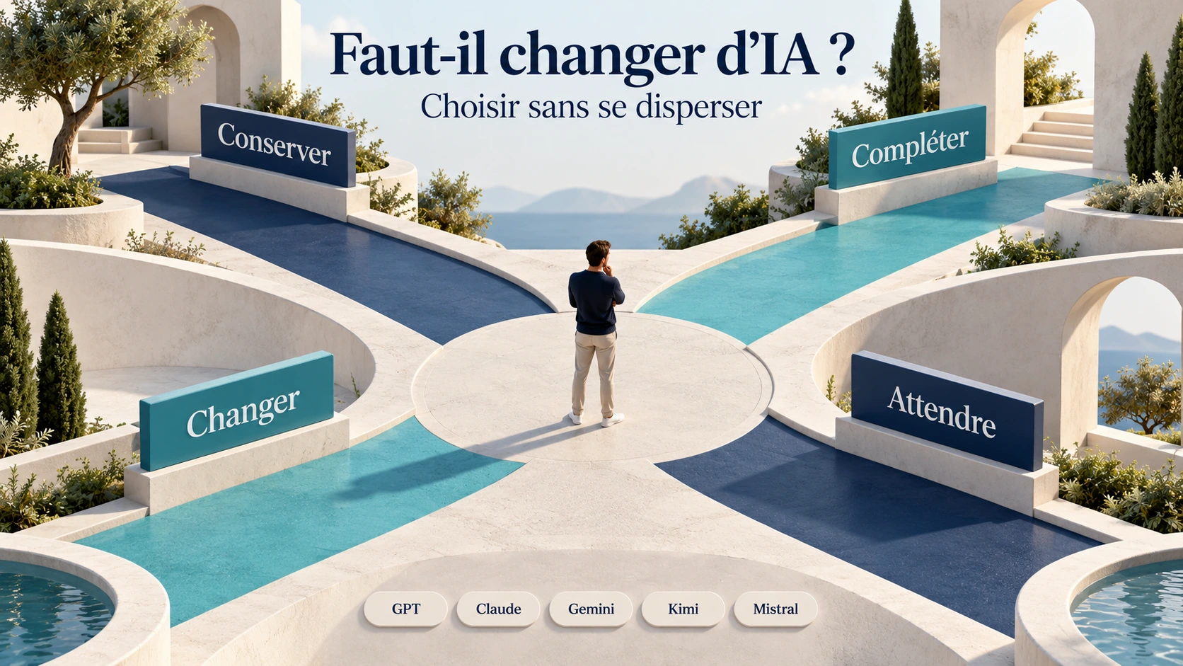 Une personne devant quatre chemins : conserver, compléter, changer ou attendre, pour choisir son outil d’intelligence artificielle.