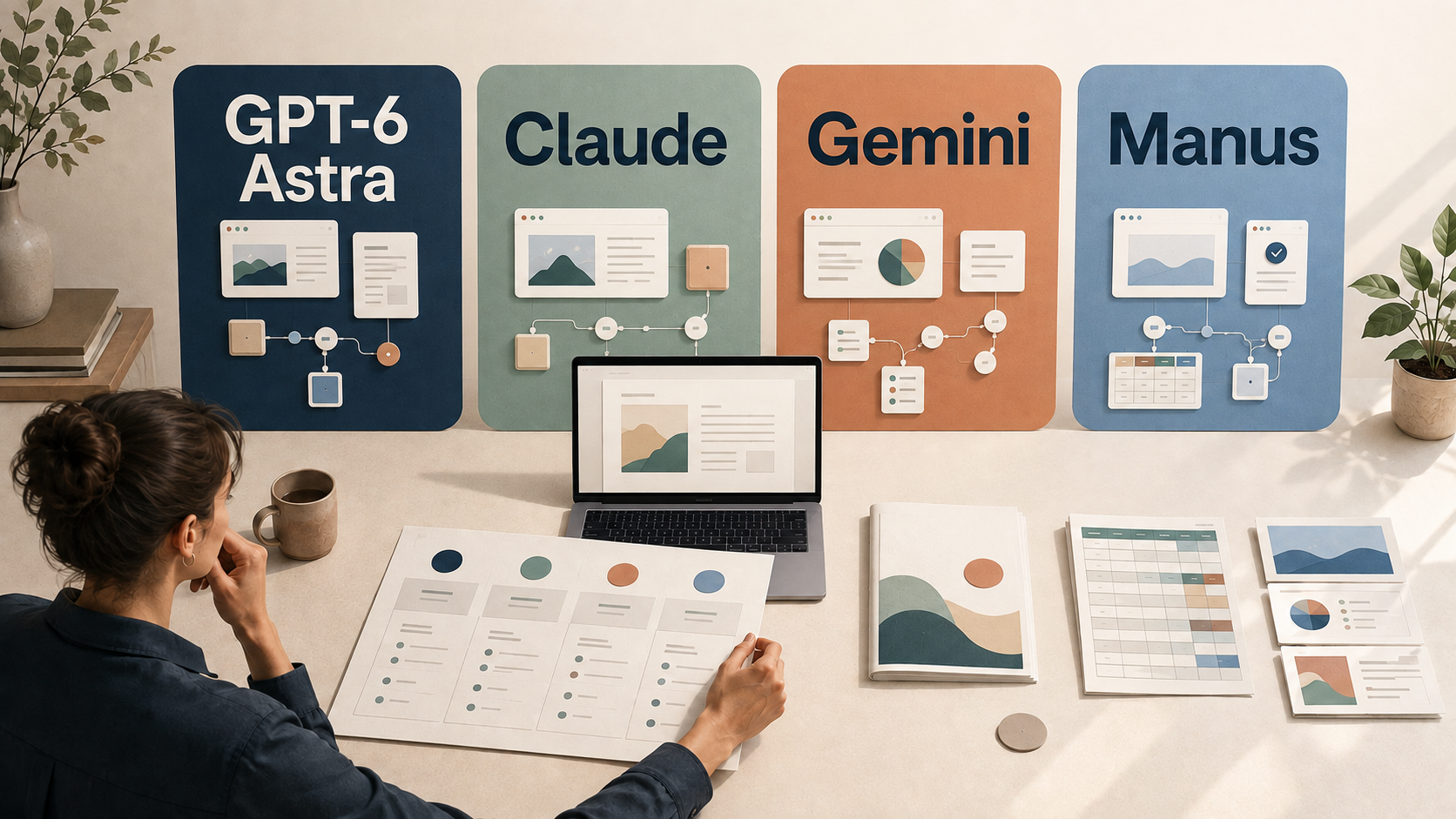 Une professionnelle compare quatre panneaux GPT‑6 Astra, Claude, Gemini et Manus, associés à des documents et des tableaux.