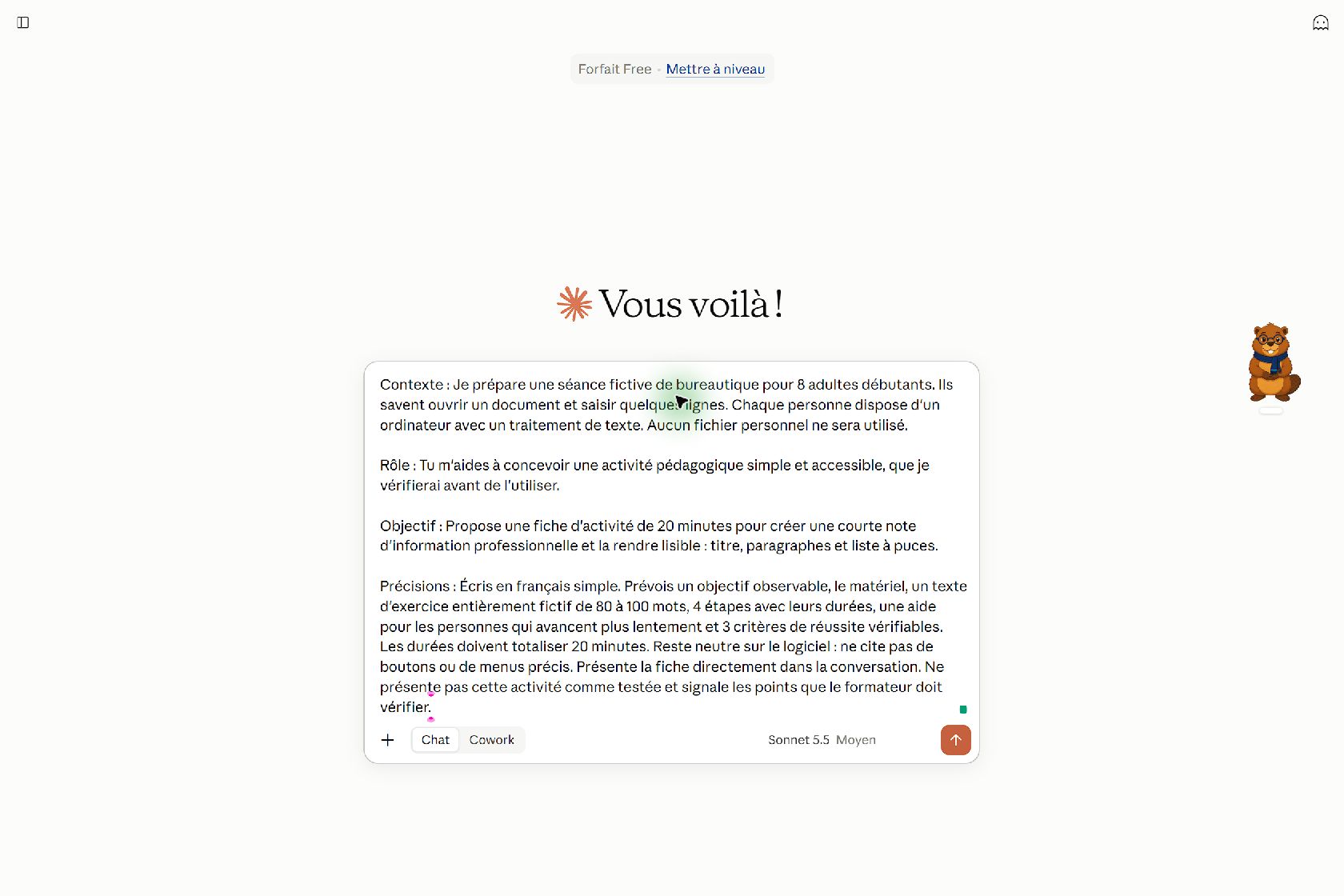 Consigne fictive complète structurée en quatre parties CROP pour une activité de bureautique de vingt minutes.