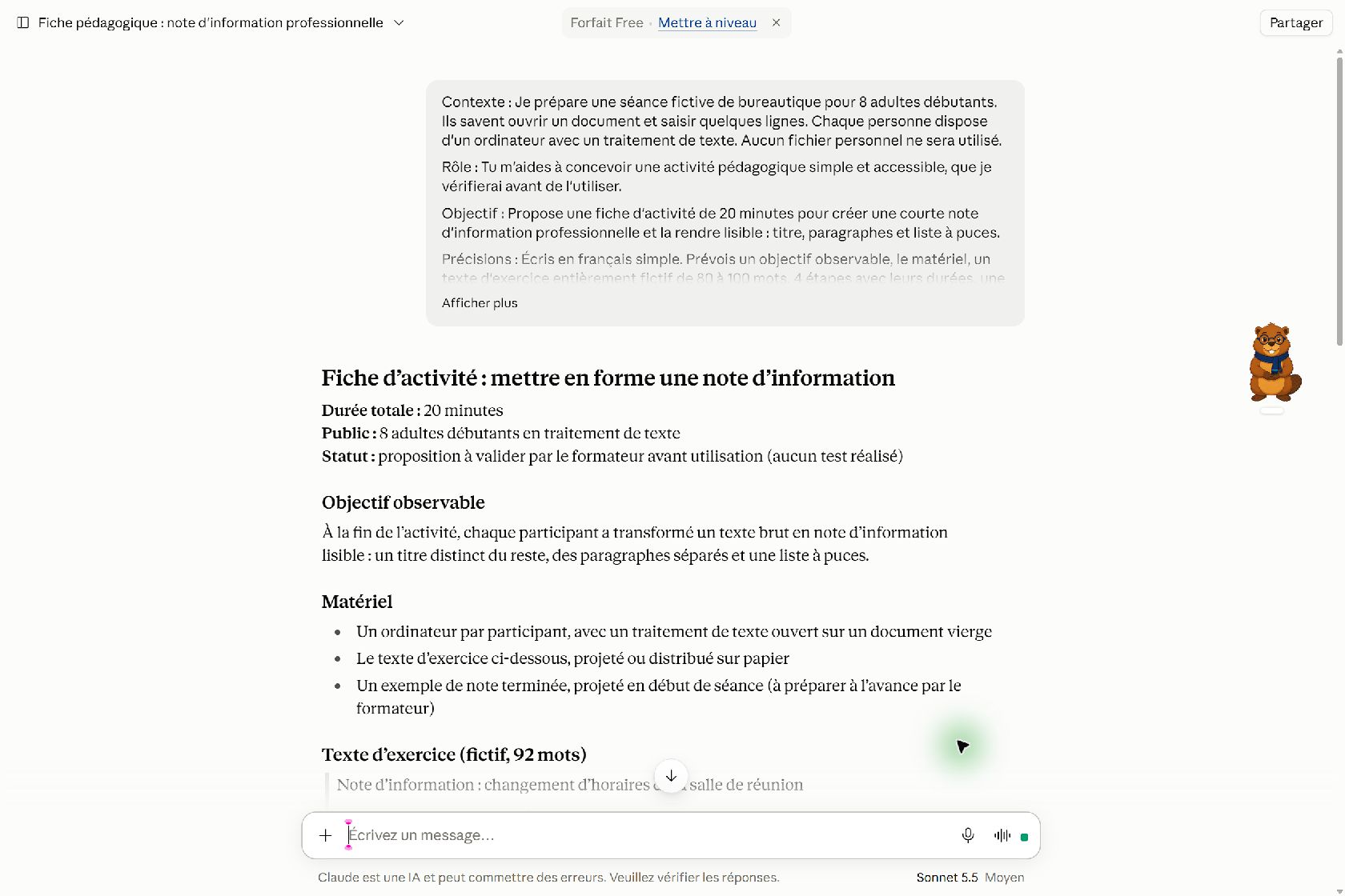 Début de la réponse Claude montrant la durée de vingt minutes, le statut non testé, l’objectif observable et le matériel.