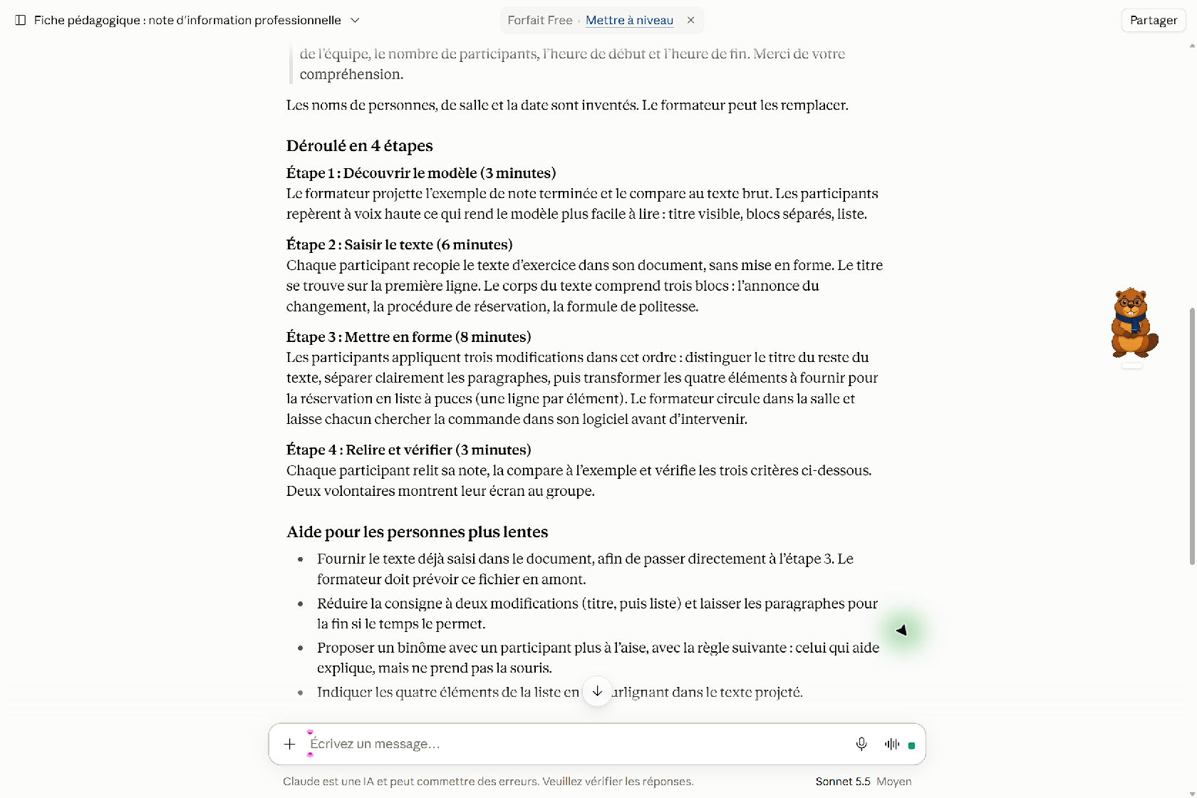 Déroulé initial de quatre étapes avec leurs durées de trois, six, huit et trois minutes, puis aide pour les personnes plus lentes.