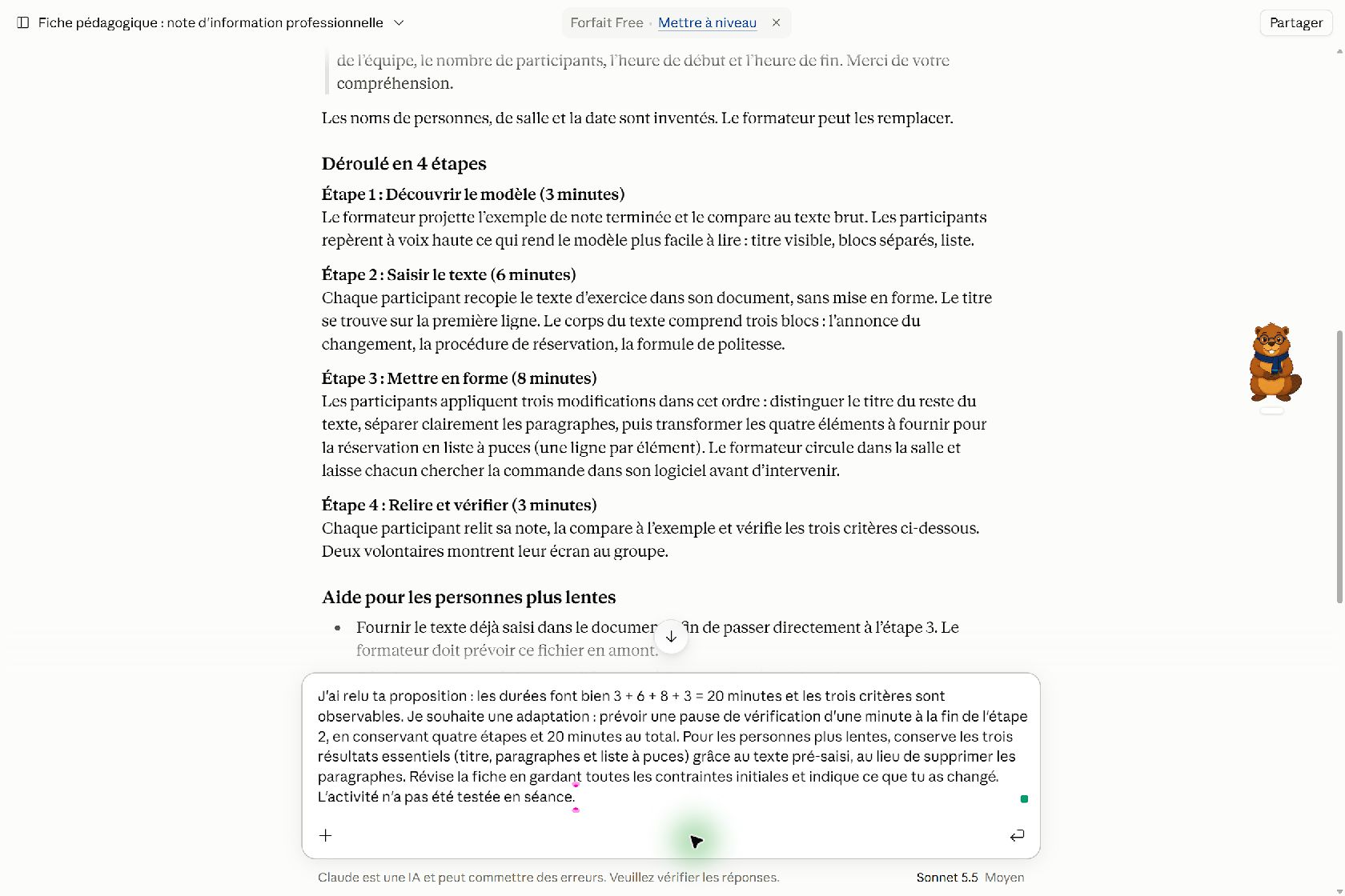 Demande d’adaptation saisie dans Claude : une minute de vérification à l’étape deux et un texte pré-saisi sans réduire les objectifs.